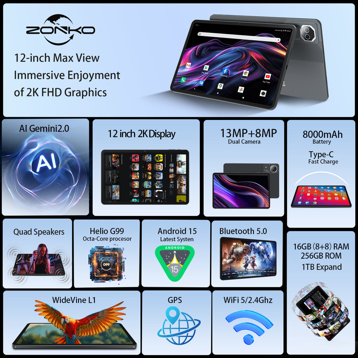 12inch Android 15 Tablet with 256GB ROM+16GB RAM,Helio G99