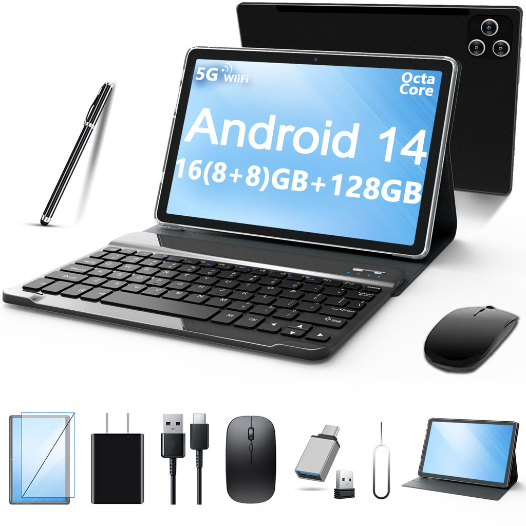 Tablet 2025 Newest Android 14 Tablet, 10 Inch Tablet,5G Wi-Fi Tablet Computer,2 In 1 Tablet with Keyboard, 128GB ROM+16(8+8)GB RAM + 1TB Expand,Octa-Core Processor,1920 * 1200 IPS,Bluetooth,GPS,Black