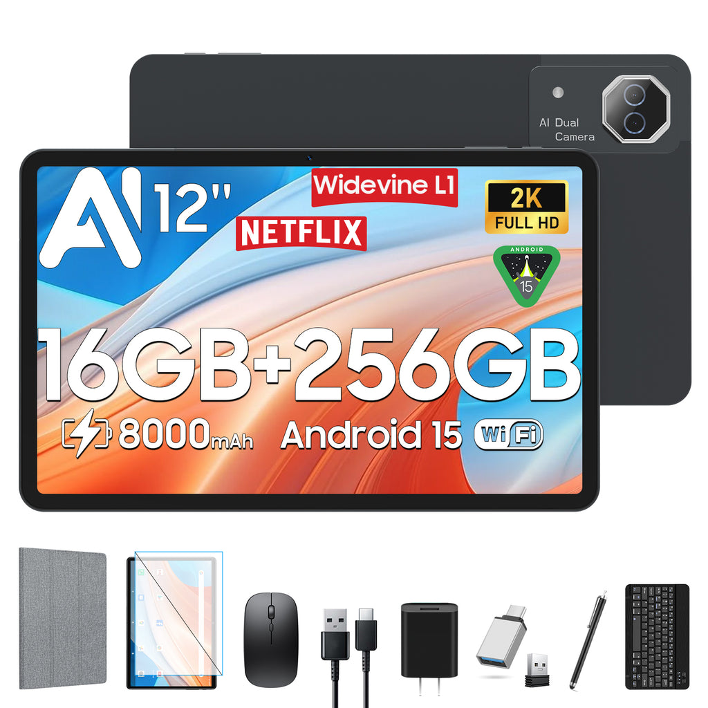 12 inch Tablet,Android 15 Tablets with 256GB ROM,Helio G99 Octa-Core for Gaming,5G WiFi Tableta,2K Display,2TB Expand,8000mAh,Quad Speaker,Dual Camera,AI,Widevine L1,GPS,Android Tablet with Keyboard