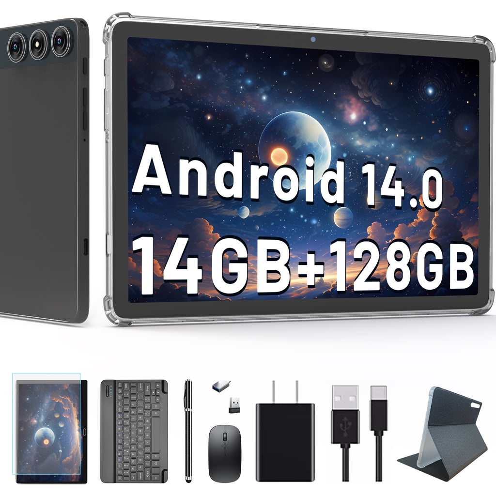 10inch Android 14 Tablet,4G Cellular Tablet with 128GB ROM+14(8+6)GB RAM,5G WIFI,Octa-Core,13MP Camera,GPS,1TB Expand,FHD IPS,Incell Touch Screen,Face Unlock,Split-screen,Android Tablet with Keyboard