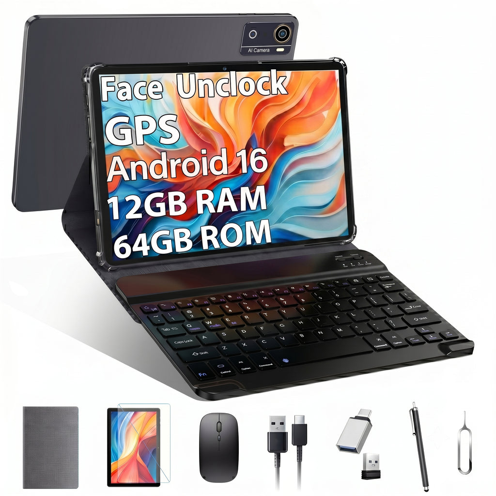 10 inch Android 16 Tablet,12GB RAM 64GB ROM (TF 1TB),MTK6769 Octa-Core,5G WiFi Tablets,BT5.0, GPS Tableta,Face Unclock,21MP Camera,Google Certified,Online Learning Tablets with Keyboard Mouse Stylus