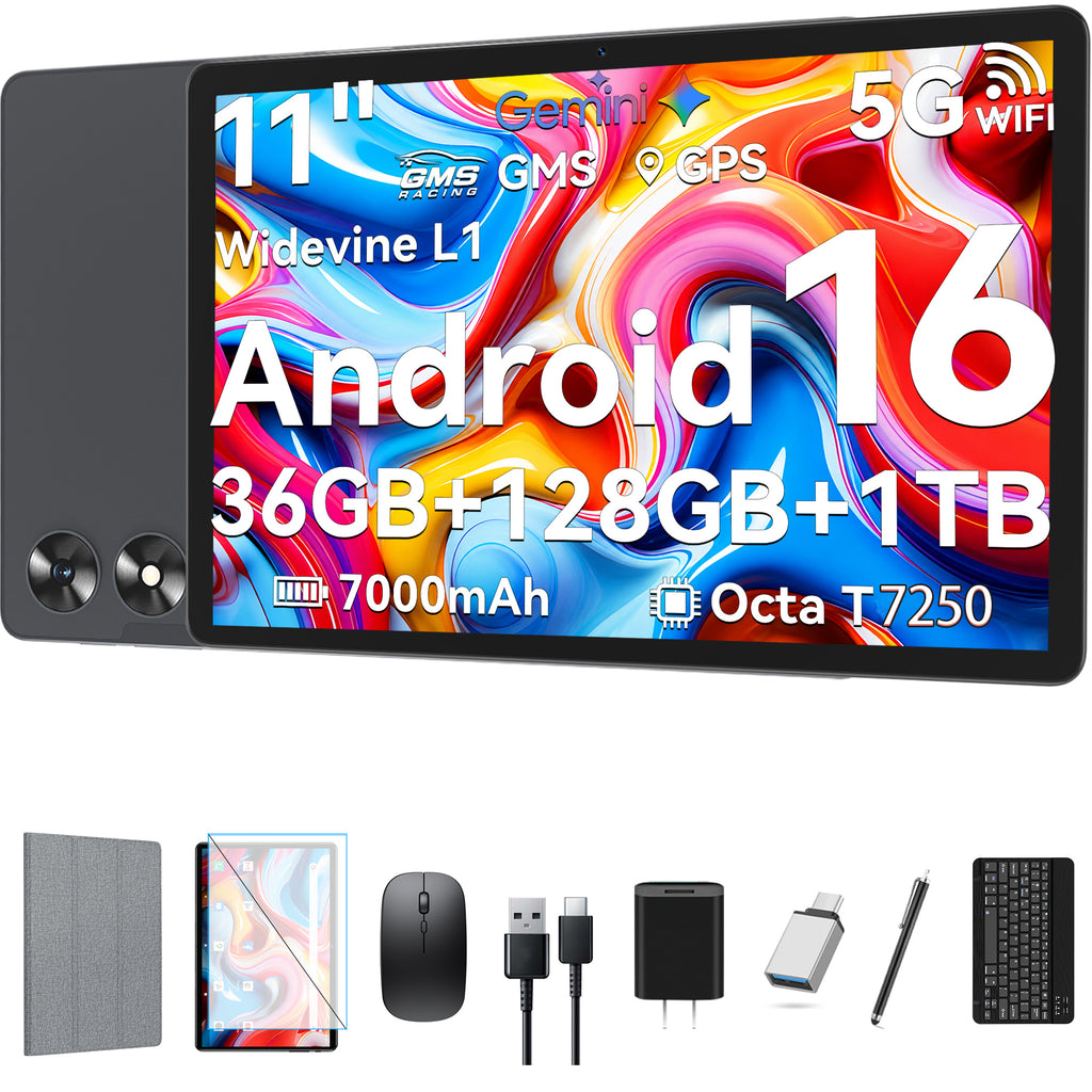 11inch Tablet,Android 16 Tablet with Gemini AI,36(6+30)GB RAM+128GB ROM,5G Wifi Android Tablet with Stylus,Unisoc T7250,School Tablets with Keyboard