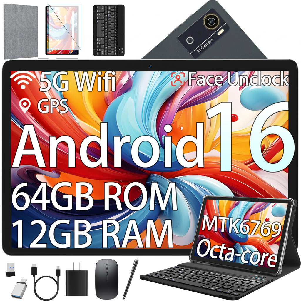 Android 16 Tablet,10 Inch Tablet,12GB RAM 64GB ROM,MTK6769 Octa-Core,5G WiFi,Face Unclocked,21MP Camera,BT 5.0,GPS Tableta,6000mAh,Electronics Tablets with Keyboard Mouse Stylus