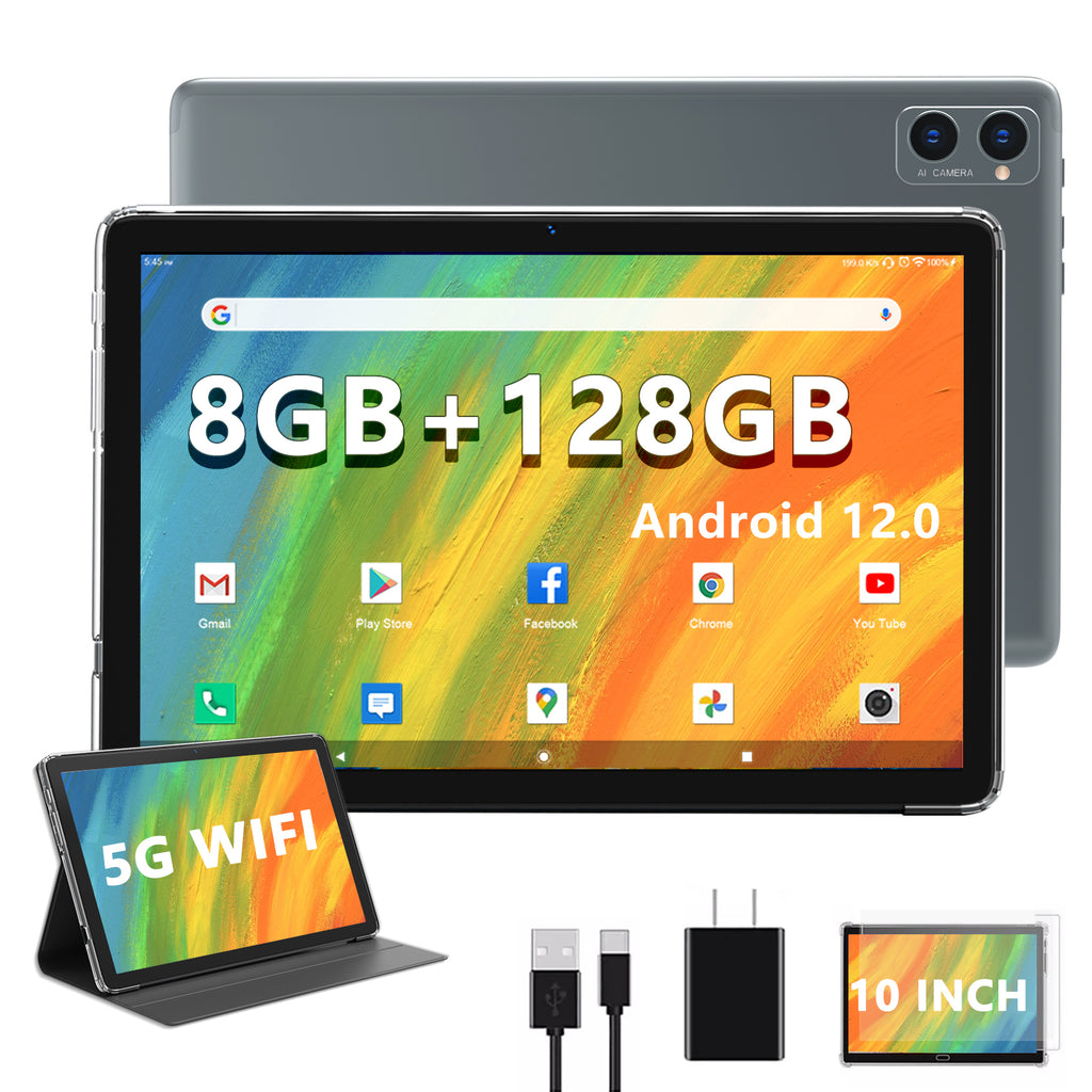 Tablet 10 Inch Tablet,2024 Newest Android 12 Tablet,5G WiFi Tablet,128GB ROM+8GB RAM (4+4Virtual) +1TB TF Expand,Octa-Core ,HD Touchscreen,13MP Dual Camera, GPS, 2 IN 1 Laptop Tablet with Leather Case