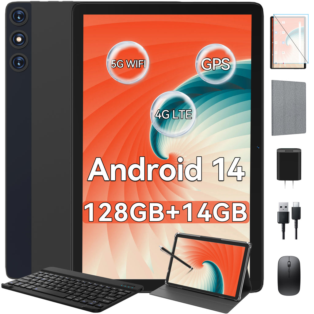 Android 14 Tablet,128GB+14(8+6 Expand)GB,10inch 4G Phone Tablet,5G WIFI+Cellular,Octa-Core,Dual Sim Card Slot,13MP Camera,GPS,1TB Expand,1920*1200 IPS,8000mAh,Dual Sim Card Slot,Tablet with Keyboard