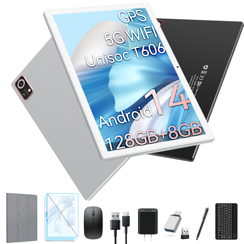 Android 14 Tablet,10 Inch Android Tablet,128GB+8GB+1TB Expand,5G WiFi,Octa-Core,Unisoc T606 CPU,7000mAh,Bluetooth 5.0,GPS,13MP+8MP Dual Camera,Face Unclock,HD Display,Touchscreen,Tablet with Keyboard