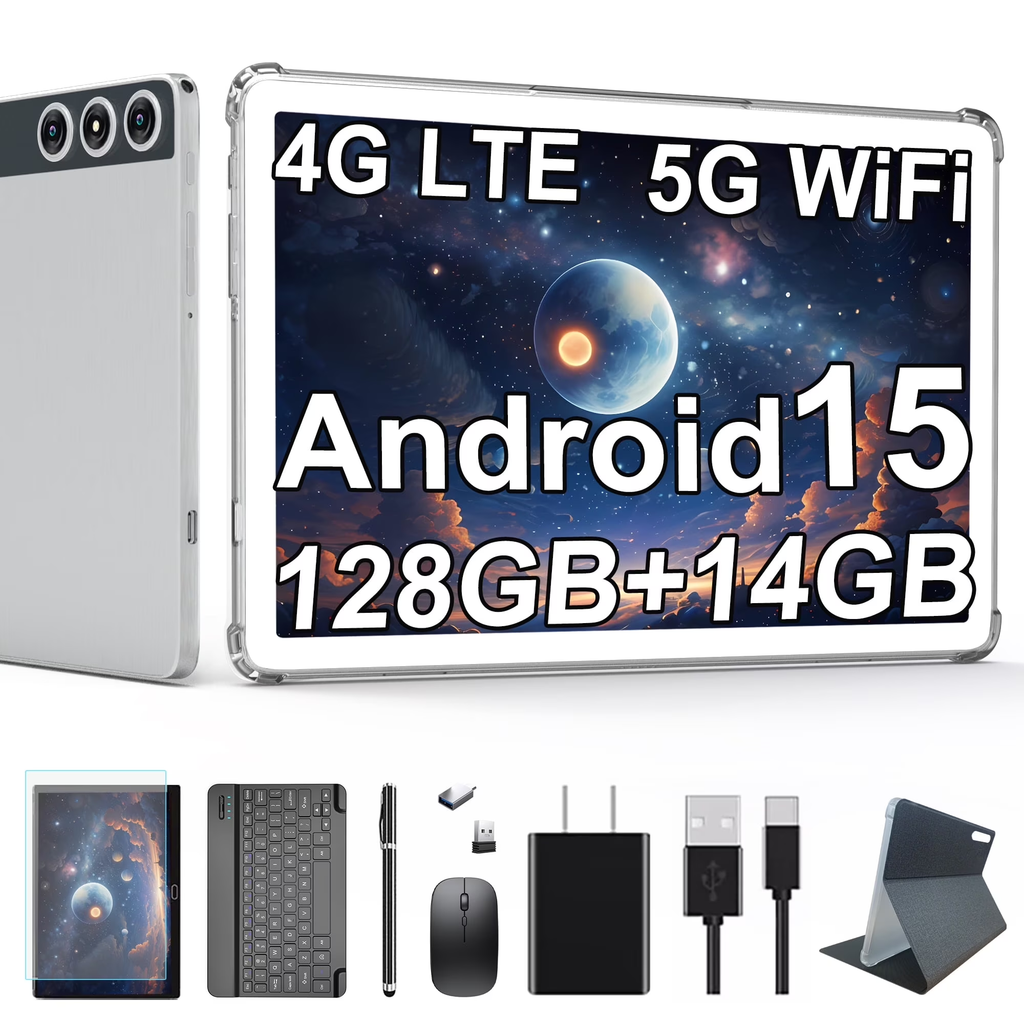 10inch Android 15 Tablet,4G Cellular Tablet with 128GB ROM+14(8+6)GB RAM,5G WIFI,Octa-Core,13MP Camera,GPS,1TB Expandable,FHD IPS,8000mAh,Face Unlock,Split-screen,Android Tablet with Keyboard,Silver