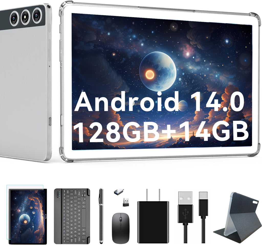 10inch Android 14 Tablet,4G Cellular Tablet with 128GB ROM+14(8+6)GB RAM,5G WIFI,Octa-Core,13MP Camera,GPS,1TB Expandable,FHD IPS,8000mAh,Face Unlock,Split-screen,Android Tablet with Keyboard,Silver