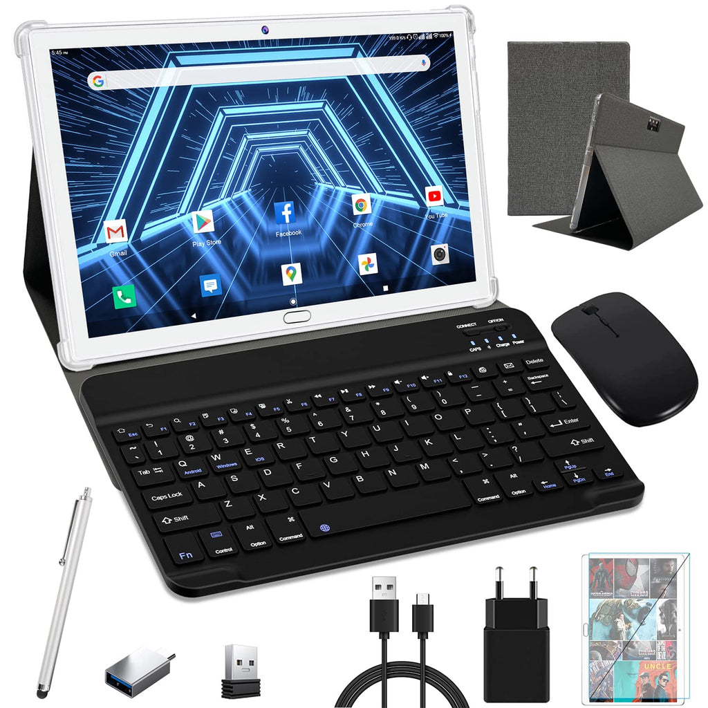 10inch Tablet Android 13.0 Tablet,2 in 1 Android Tablet,4G Cellular Tablet with Keyboard,Octa-Core Processor,64GB ROM 4GB RAM,Mouse, Stylus,Case,Support Dual Sim Card,Wifi, Bluetooth,GPS,White Tablet